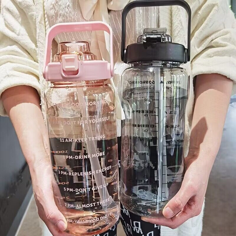 2 Liters Straw Plastic Water Bottle Large Portable Travel Bottle Sports Fitness Cup High Value Big Fat Cup Adult Universal